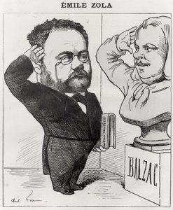 Karikatur af Emile Zola (1840-1902), der hilser på en buste af Honore de Balzac (1799-1850) 1878