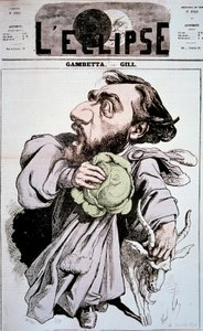 Tegneserie forestillende Leon Gambetta (1838-1882), en fransk politiker. Tegning af Andre Gill (1840-1885) i "" L