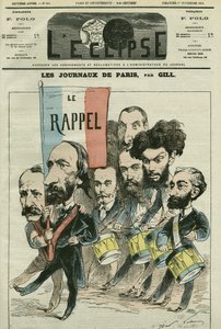 Tegneserie "" tilbagekaldelsen"" af Republique af Paris-aviserne med Paul Meurice (1818-1905), Auguste Vacquerie (1819-1895), Gaulier, Blum, Lefevre, D