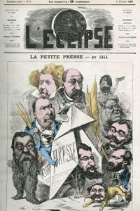 Oprettelse af ""La Petite Presse"", med Jannin, Delsaux, Hermant, Hemery, De Balathier, Bragelonne, Dumas, Ponson du Terrail, Jean du Boys, Revillon og Coste. Cover i "" The Eclipse"" af Gill, 9. februar af Andre Gill