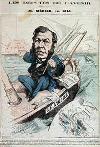 Emile-Justin Menier (1826-81) (farve litho) af Andre Gill