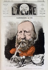 Giuseppe Garibaldi (1807-1882), hymne til fred - af Gill, i "Månen"" fra 22/09/1867 af Andre Gill