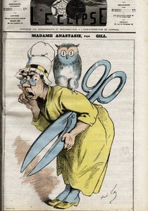 Madame Anastasia med censurens saks Anastasia symboliserer censur af pressen og forlagsvirksomhed og tager formentlig sit navn fra pave Anastasius I, som forbyder visse bøger, der ikke svarer til kristen kosmologi. Illustration af Andre