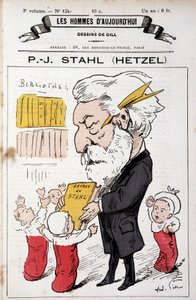 Portrætudladning af Pierre Jules Hetzel, der tilbyder Stahls værker (hans pseudonym) til småbørn, ""The Men of Today"", n.d. sent den 19. af Andre Gill