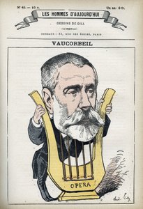 Portræt af Auguste Emmanuel Vaucorbeil (1821-1884), fransk komponist og direktør for Paris Opera. Tegnefilm af Gill, Paris. af Andre Gill