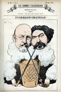 Portræt af Emile Erckmann (1822-1899) og Alexandre Chatrian (1826-1890), franske romanforfattere. Tegnefilm af Gill, i "Les Homme d