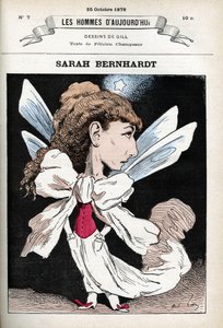 Portræt af Henriette Rosine Bernard dit Sarah Bernhardt (1844-1923), fransk teaterskuespillerinde. Tegnefilm af Gill, Paris. af Andre Gill