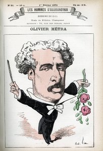 Portræt af Olivier Metra (1830-1889), fransk skuespiller, populær komponist. Tegnefilm af Gill, i "Les Homme d