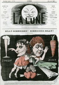 Dumme-Schneider? Scheiner-Silly? , karikatur af et fragment af gammelt maleri. Tegnefilm af Gill, i "La Lune", 20. januar af Andre Gill