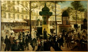 Skitse til et panorama af Boulevard Montmartre animerer moderne parisiske personligheder af Andre Gill