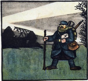 Første Verdenskrig 1914-1918 (14-18): Behåret. Portræt af en fransk soldat i militæruniform med rygsæk, taske og gevær. Gravering i "Alfabetet fra den store krig 1914-1916 (til vores soldaters børn)". Editions Berger-Levrault af Andre Helle