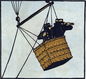 Første Verdenskrig 1914-1918 (14-18): Observatører (observationspost) fra den franske hær i en fangenskabsballon forsøger at få øje på fjenden. Gravering i "Alphabet of the Great War 1914-1916 (for the children of our soldiers)". Forlaget Berger-Levrault af Andre Helle