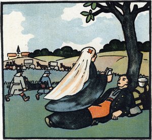 Første Verdenskrig 1914-1918 (14-18): Røde Kors-sygeplejerske kommer for at pleje soldater helt ud til slagmarkerne. Gravering i "Alfabetet fra den store krig 1914-1916 (for vores soldaters børn)". Forlaget Berger-Levrault af Andre Helle