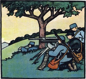 Første Verdenskrig 1914-1918 (14-18): Soldater fra den franske hær bruger maskingeværer på slagmarken. Gravering i "Alfabetet fra den store krig 1914-1916 (til vores soldaters børn)". Forlaget Berger-Levrault af Andre Helle