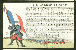 Postkort, satirisk i farver: La Marseillaise - Krigen 14-18, Marseillaisen, syngende illustration af Andre Helle (1875-1945) af Andre Helle