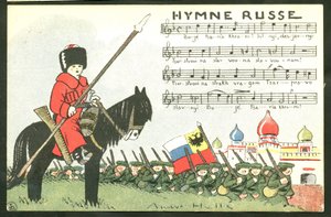 Postkort, satirisk i farver: Russian Anthem - War of 14 -18, Russia, Singing - Soldiers Illustration by Andre Helle (1875-1945) af Andre Helle