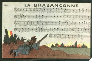 Postkort, satirisk i farver, ca. 1915: La brabanconne - Krigen 14-18, Belgien, Chant - Soldater Illustration af Andre Helle (1875-1945) af Andre Helle
