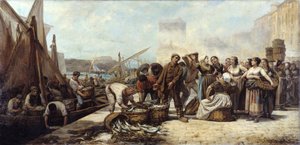 Ankomst af fiskere til den gamle havn i Marseille af Andre Marius Guindon
