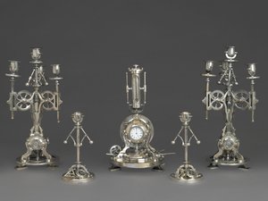 Ur, del af et femstykke urgarniture, ca. 1880 (sølv bronze, glas, papir) af Andre Romain Guilmet