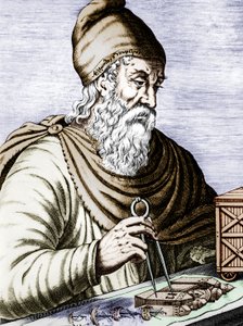 Archimede (287-212 avJC), græsk siciliansk fysiker og matematiker, graverer farvelagt dokument af Andre Thevet