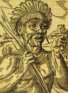 Chef for kannibalstammen, gravering fra Universal Cosmology, af Andre Thevet (1504-1592), Paris af Andre Thevet