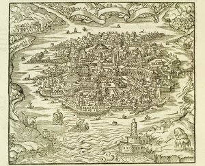 Byen Quinsai (nu Tianjin), gravering fra La Cosmographie Universelle (Universal Cosmography) af Andre Thevet