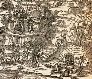 Indiske slaver arbejder i mine i Cuba, Illustration fra Cosmography af Andre Thevet, gravering af Andre Thevet