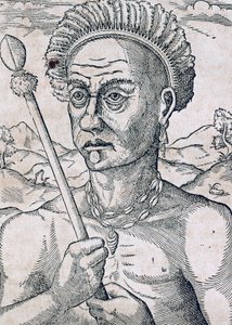 Kong Quoniambec, Brasilien, gravering fra Universal Cosmology, af Andre Thevet (1504-1592), Paris af Andre Thevet