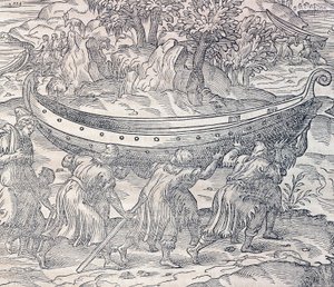 Laplandere, der bærer deres både fra et sted til et andet, gravering fra Universal Cosmology, af Andre Thevet (1504-1592), Paris af Andre Thevet