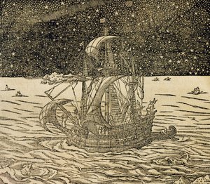 Sømænd følger den nordlige rute, gravering fra Universal Cosmology, af Andre Thevet (1504-1592), Paris af Andre Thevet