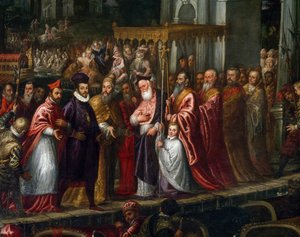 Doge Mocenigo og patriark Trevisan byder Henrik III velkommen til Lido i 1574