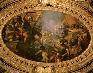 Venetiansk sejr over den rivaliserende maritime bystat Pisa i 1099 under Giovanni Michiel (olie på lærred) af Andrea (1539-1614) Vicentino