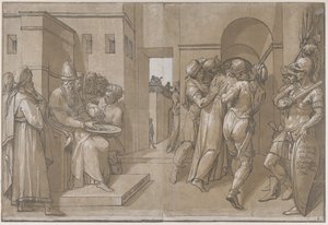 Kristus bliver ført væk, soldater står i højre højre side af arket, 1585. af Andrea Andreani