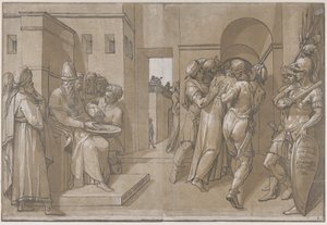 Pilatus til venstre vasker hænder i venstre side af arket, 1585. af Andrea Andreani