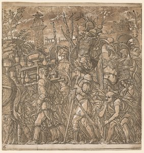 Julius Cæsars triumf: soldater, der bærer vaser og krigstrofæer, 1593-99. af Andrea Andreani