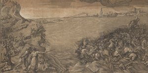 Ved at krydse det røde hav står Moses til venstre og peger på hæren, der er under vand..., 1589. af Andrea Andreani