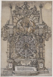Dødens Triumf med tre skæbner i en arkitektonisk ramme over et lykkehjuls flanke..., 1588. af Andrea Andreani