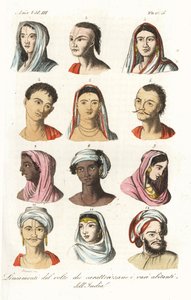 Portrætter af forskellige indiske kaster: Brahminer 1.2, Kshatriyas eller Khatri, Punjabi merkantile kaste 3.4, Vaisyas 5.6, Sudras 7.8, Hinduer fra Øvre Indien 9,10 og Mughals 11,12. Håndkoloreret kobberstik af Andrea Bernieri efter François Solvyns fro af Andrea Bernieri