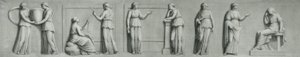 Et grisaille-panel, der viser kvindefigurer inklusive muser