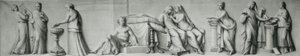 Et grisaille-panel, der viser scener baseret på Aldobrandini-ægteskabet