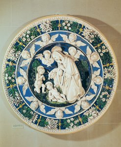Tilbedelse af Jomfruen med Johannes Døberen og to keruber (polykrom glaseret terracotta)