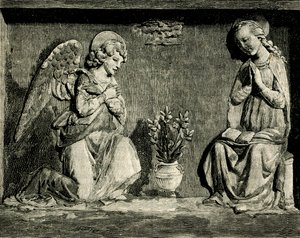 Bebudelse, af Andrea Della Robbia (1435-1525 eller 1528), oratorium for Madonna del Buon Consiglio, Prato, Toscana, Italien, træsnit fra Le cento citta d