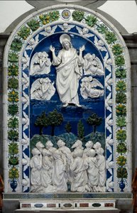 Jesu himmelfart til himlen med Vor Frue og Elleve Apoler Lavt keramisk relief af Andrea della Robbia (1435-1525) ca. 1490 Dim. 475 x 305 cm Santuario della Verna, Italien