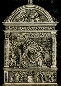 Nativity, terracotta altertavle af Andrea della Robbia, fra Saint Clare kirke, Sansepolcro Civic Museum, Toscana, Italien, træsnit fra Le cento citta d