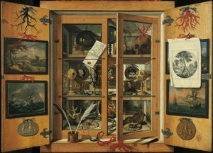 Kuriosakabinet (med glasdøre) med forskellige genstande, af Andrea Dominico Remps (1621-1699). af Andrea Domenico Remps