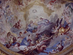 Coronation of Virgin, fresko malet i 1699 af Andrea Lanzani (1641-1712) fra koret fra Sanctuary Of Incoronata, Lodi. Italien af Andrea Lanzani