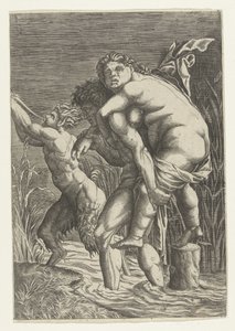 Mand bærer kvinde på ryggen og en satyr