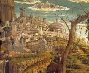 Agony in Garden af Andrea Mantegna (1431-1506), tempera på træ, 71x94 cm, detaljeret billede af Jerusalem af Andrea Mantegna