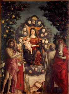 Altertavle Trivulzio "" Den hellige samtale"" Jomfruen og Jesus Kristus repræsenteret i en mandorla. De er omgivet af Johannes Døberen, Pave Sankt Gregoire I den Store (540-604), Sankt Hieronymus (som bærer en kirke og bøger), Sankt Benedikt (dre) af Andrea Mantegna