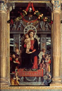 Altertavle af san Zeno: midterpanel "" Madonna et barn med ni engle"" Maleri af Andrea Mantegna (1431-1506) 1457-1459 Verone, Basilica di San Zeno, Italien af Andrea Mantegna